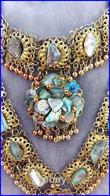 Vtg. (Antique) Art Deco Statement Artisan Abalone Gold Tone 2 Strand Necklace