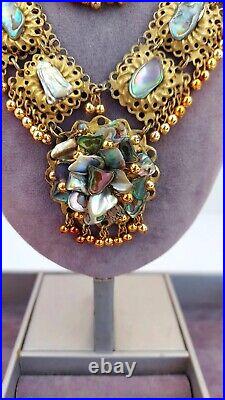 Vtg. (Antique) Art Deco Statement Artisan Abalone Gold Tone 2 Strand Necklace