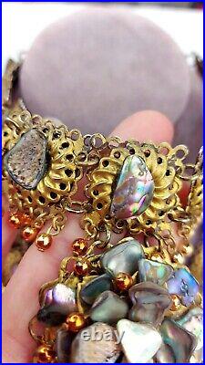 Vtg. (Antique) Art Deco Statement Artisan Abalone Gold Tone 2 Strand Necklace