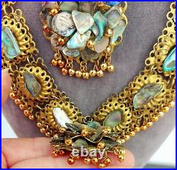 Vtg. (Antique) Art Deco Statement Artisan Abalone Gold Tone 2 Strand Necklace