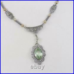 Vtg Antique Art Deco Sterling Silver Filigree Green Dangle Pendant Necklace QZD5
