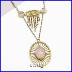 Vtg Antique Arts & Crafts Art Deco Natural Rose Quartz Gold Gilt Necklace