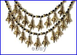 Vtg Antique Brass Necklace Dangle Drop Boho Art Deco Statement 2 Strands Beads