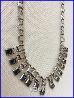 Vtg Antique Czech Dangle Necklace ART DECO Black White Crystal Bezel Open Back