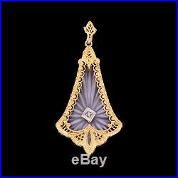 Vtg Art Deco 14k Gold Diamond Camphor Glass Pendant For Necklace