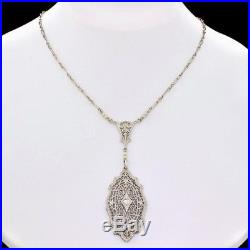 Vtg Art Deco 14k White Gold Diamond Pearl Pendant Necklace Original Fancy Chain