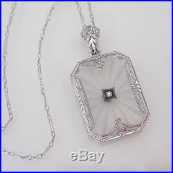 Vtg Art Deco 14k White Gold Filigree Diamond Camphor Glass Pendant Necklace