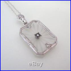 Vtg Art Deco 14k White Gold Filigree Diamond Camphor Glass Pendant Necklace