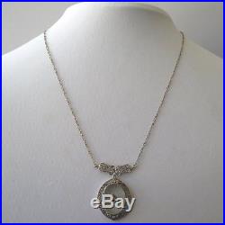 Vtg Art Deco 14k White Gold Filigree Diamond Rock Crystal Pendant Necklace