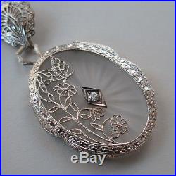 Vtg Art Deco 14k White Gold Filigree Diamond Rock Crystal Pendant Necklace
