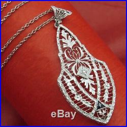 Vtg Art Deco 14k White Gold Filigree Diamond Sapphire Pendant Necklace