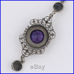 Vtg Art Deco Arts & Crafts 800 Silver Filigree Natural Amethyst Pendant Necklace