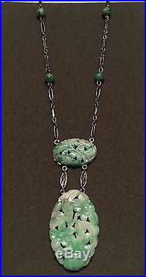Vtg Art Deco Chinese Carved Green Jade Lavalier NECKLACE Sterling Silver