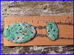 Vtg Art Deco Chinese Carved Green Jade Lavalier NECKLACE Sterling Silver
