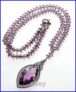 Vtg Art Deco Czech Amethyst Glass/crystal Rhodium Plated Lavalier Necklace