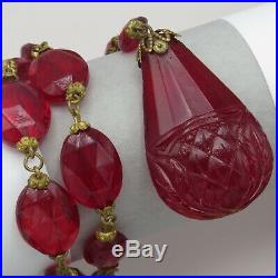 Vtg Art Deco Czech Cherry Red Mughal Tutti Frutti Molded Glass Pendant Necklace