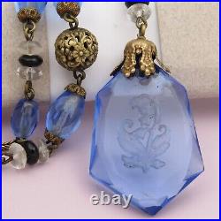 Vtg Art Deco Czech Glass Lily of the Valley Reverse Molded Pendant Necklace