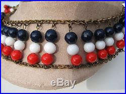 Vtg. Art Deco Festoon Red White Blue Patriotic Glass Beads Chain Collar Necklace