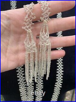 Vtg Art Deco Flapper Era Clear Glass Seed Bead Tassel Long Necklace