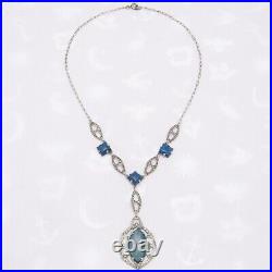 Vtg Art Deco Marquise Cut Sodalite Sterling Silver Marcasite Pendant Necklace