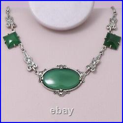 Vtg Art Deco Natural Chrysoprase Sterling Silver Marcasite Pendant Necklace