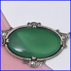 Vtg Art Deco Natural Chrysoprase Sterling Silver Marcasite Pendant Necklace