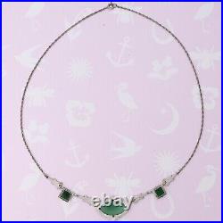 Vtg Art Deco Natural Chrysoprase Sterling Silver Marcasite Pendant Necklace