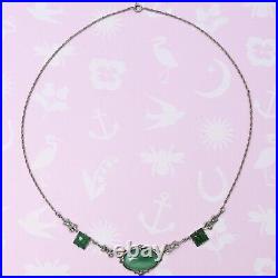 Vtg Art Deco Natural Chrysoprase Sterling Silver Marcasite Pendant Necklace