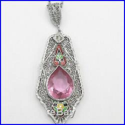 Vtg Art Deco Rhodium Plate Silver Filigree Pink Glass Enamel Pendant Necklace
