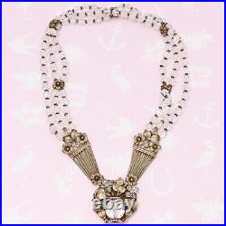 Vtg Art Deco Rock Crystal Bead Flower Basket Silver Filigree Pendant Necklace