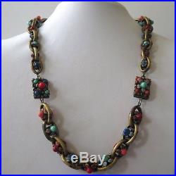 Vtg Art Deco Signed Czech Lapis Peking Glass Enamel Flower Necklace Bracelet Set