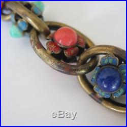 Vtg Art Deco Signed Czech Lapis Peking Glass Enamel Flower Necklace Bracelet Set