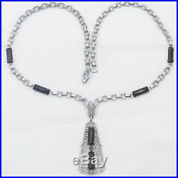 Vtg Art Deco Silver Filigree Rhodium Plate Onyx Glass Geometric Pendant Necklace