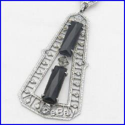 Vtg Art Deco Silver Filigree Rhodium Plate Onyx Glass Geometric Pendant Necklace
