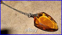 Vtg Art Deco Sterling Silver Amber Glass Crystal Drop Lariat Necklace