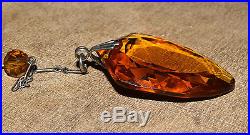 Vtg Art Deco Sterling Silver Amber Glass Crystal Drop Lariat Necklace