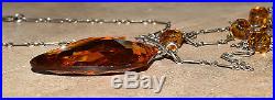 Vtg Art Deco Sterling Silver Amber Glass Crystal Drop Lariat Necklace