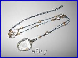 Vtg Art Deco Sterling Silver Bezel Set Crystal Pearl Prism Drop Satoir Necklace