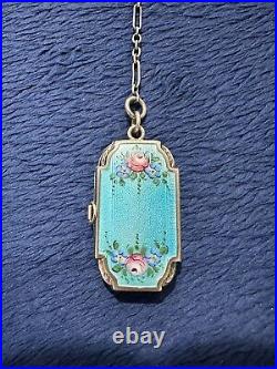 Vtg Art Deco Sterling Silver Guilloche Enamel Ladies Ring Compact Locket, 5