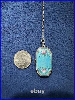 Vtg Art Deco Sterling Silver Guilloche Enamel Ladies Ring Compact Locket, 5