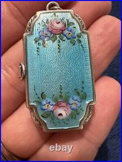 Vtg Art Deco Sterling Silver Guilloche Enamel Ladies Ring Compact Locket, 5