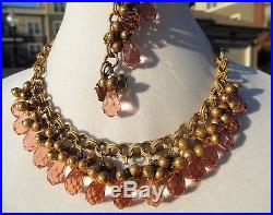 Vtg Art Deco Unsign Miriam Haskell Pink Briolette Glass Brass Necklace, Bracelet