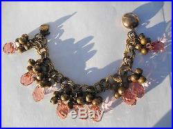 Vtg Art Deco Unsign Miriam Haskell Pink Briolette Glass Brass Necklace, Bracelet