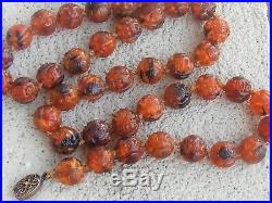 Vtg Chinese Export Hand Carved Amber Shou Bead Necklace Art Deco Hand Knotted