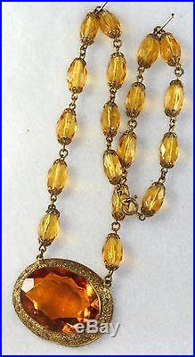 Vtg Czech Art Deco Antique Amber Color Czech Glass Necklace