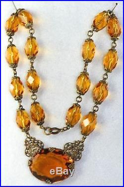 Vtg Czech Art Deco Antique Amber Color Czech Glass Necklace
