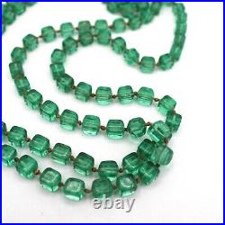 Vtg Czech Green Glass Necklace Art Deco Cube Beads Hand Knotted 60 Flapper