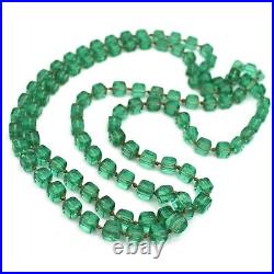 Vtg Czech Green Glass Necklace Art Deco Cube Beads Hand Knotted 60 Flapper