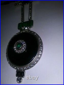 Vtg RARE BEN AMUN Art Deco Style Crystal Black Onyx Malachite detail Necklace