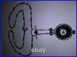 Vtg RARE BEN AMUN Art Deco Style Crystal Black Onyx Malachite detail Necklace